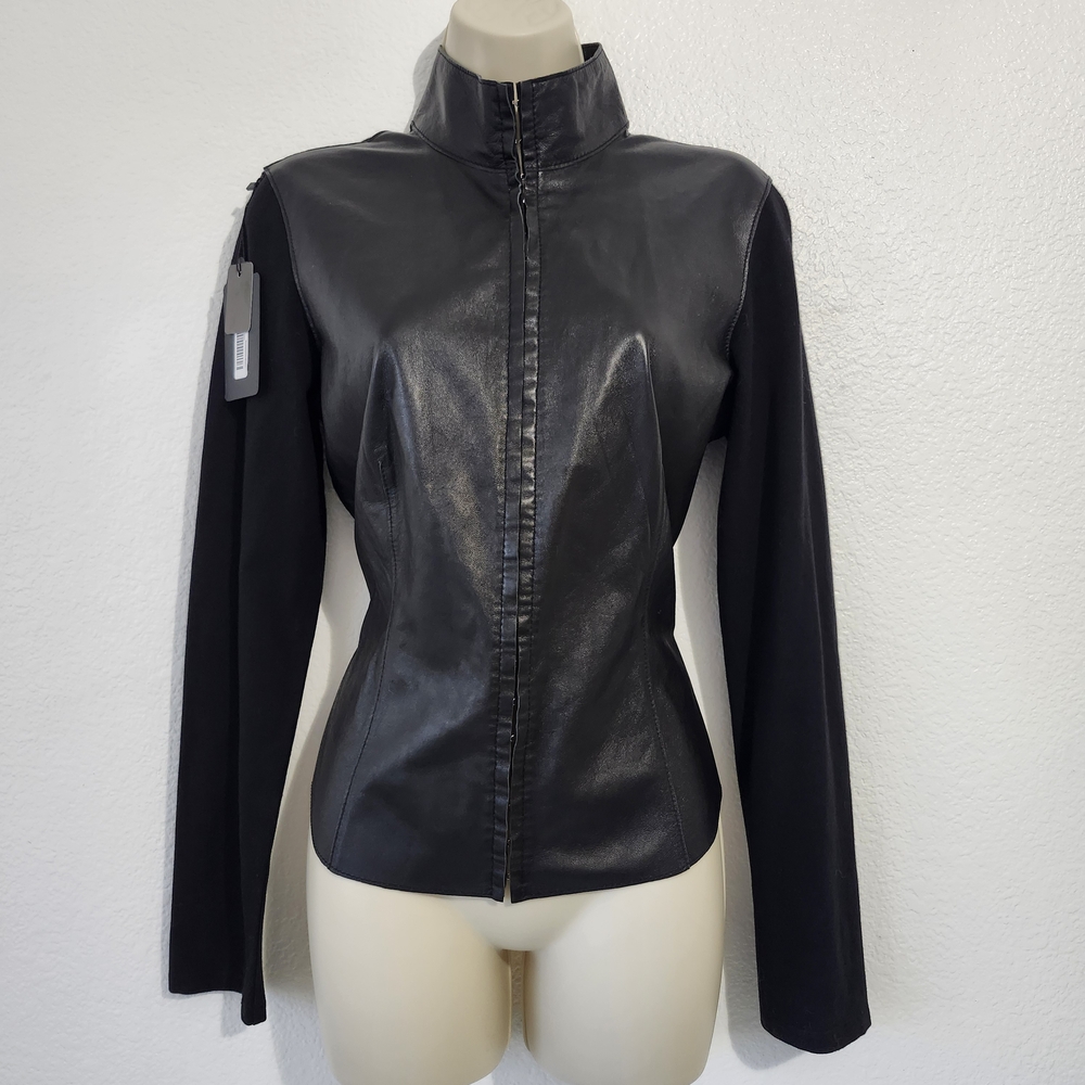 Minimalist High Collar Luxury Kid Skin Leather Hidden Closure PREOWNED Jacket
